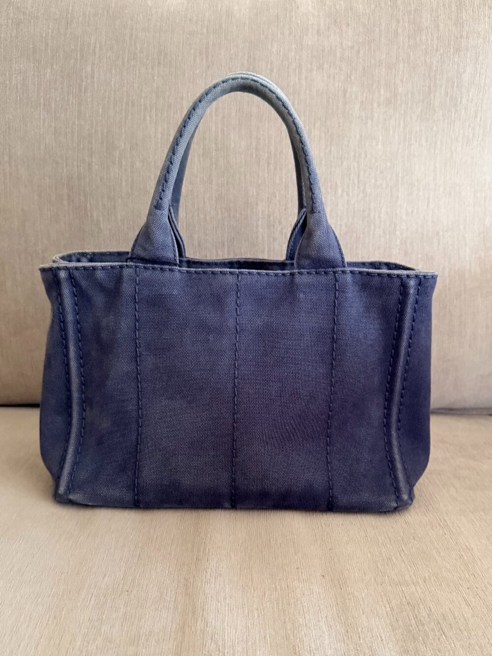 Prada Canapa Mini Tote Navy Blue đź’™ Canvas Logo Bag Authentic - Picture 2 of 6